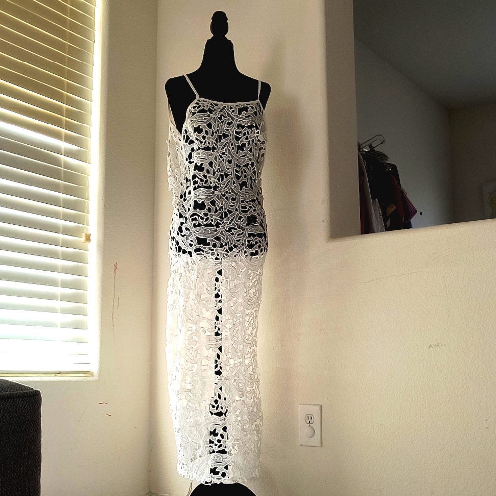2 white bathing suits and a white beach dress bathing suits are size small